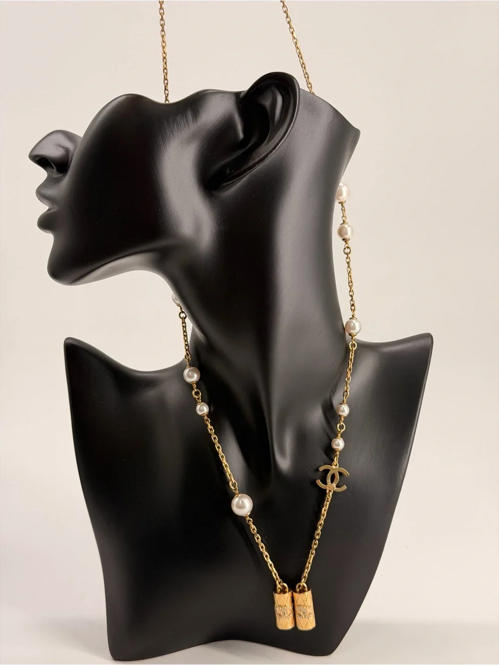 CHANEL Metal Crystal Pearl Airpod Necklace Gold